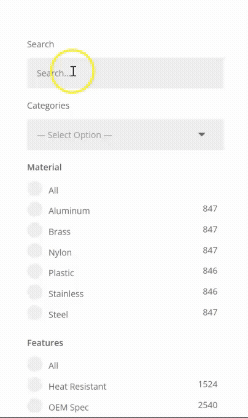 Live search suggesting product names such as Spring Pin while typing in a search field