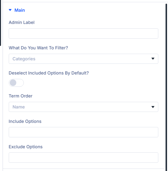 Main group for Filter Posts Item—admin label, filter source, and related fields