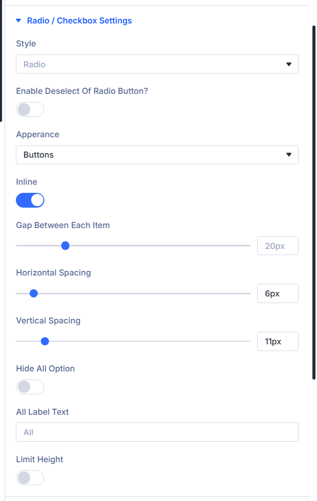 Radio Checkbox style, appearance, swatch-linked options, heights