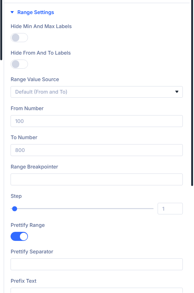 Numeric range slider content options labels and step