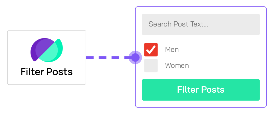 Filter Posts module in Divi Builder showing filter configuration options with multiple filter items added