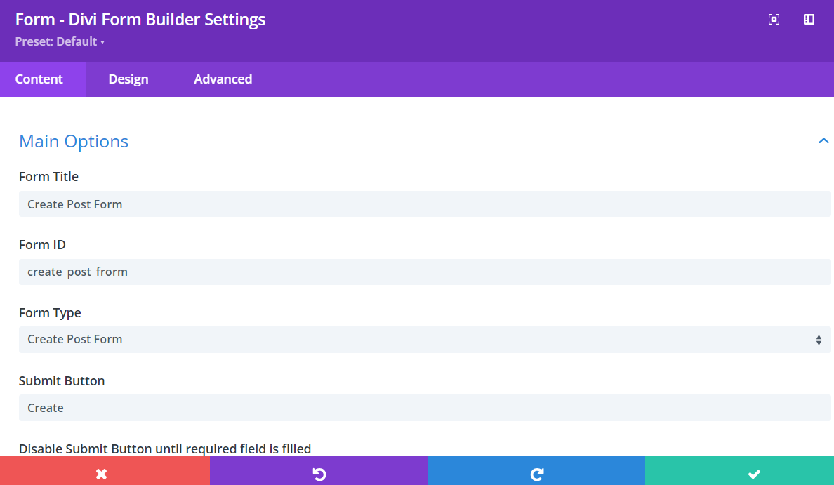 Form Settings Create Form