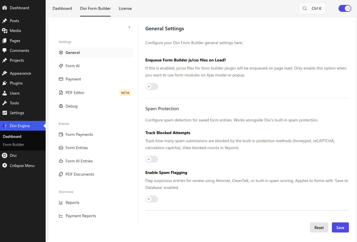 Form builder settings page