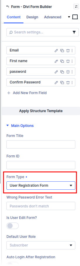 User Registration form type