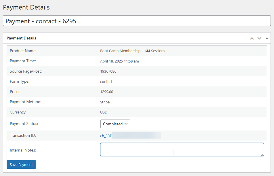 Payment Details Page