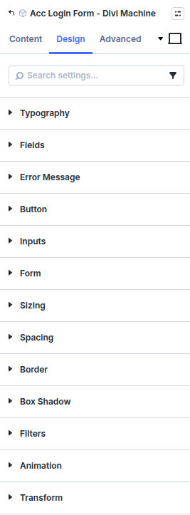 Acc Login Form design settings