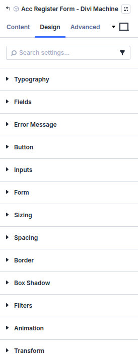 Acc Register Form design settings