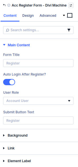 Acc Register Form content settings