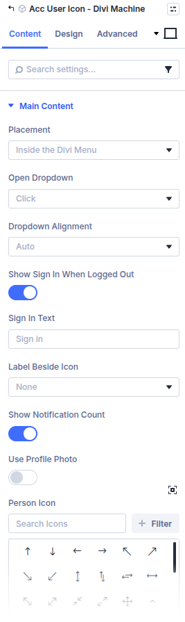 Acc User Icon content settings