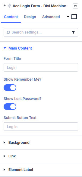 Acc Login Form content settings