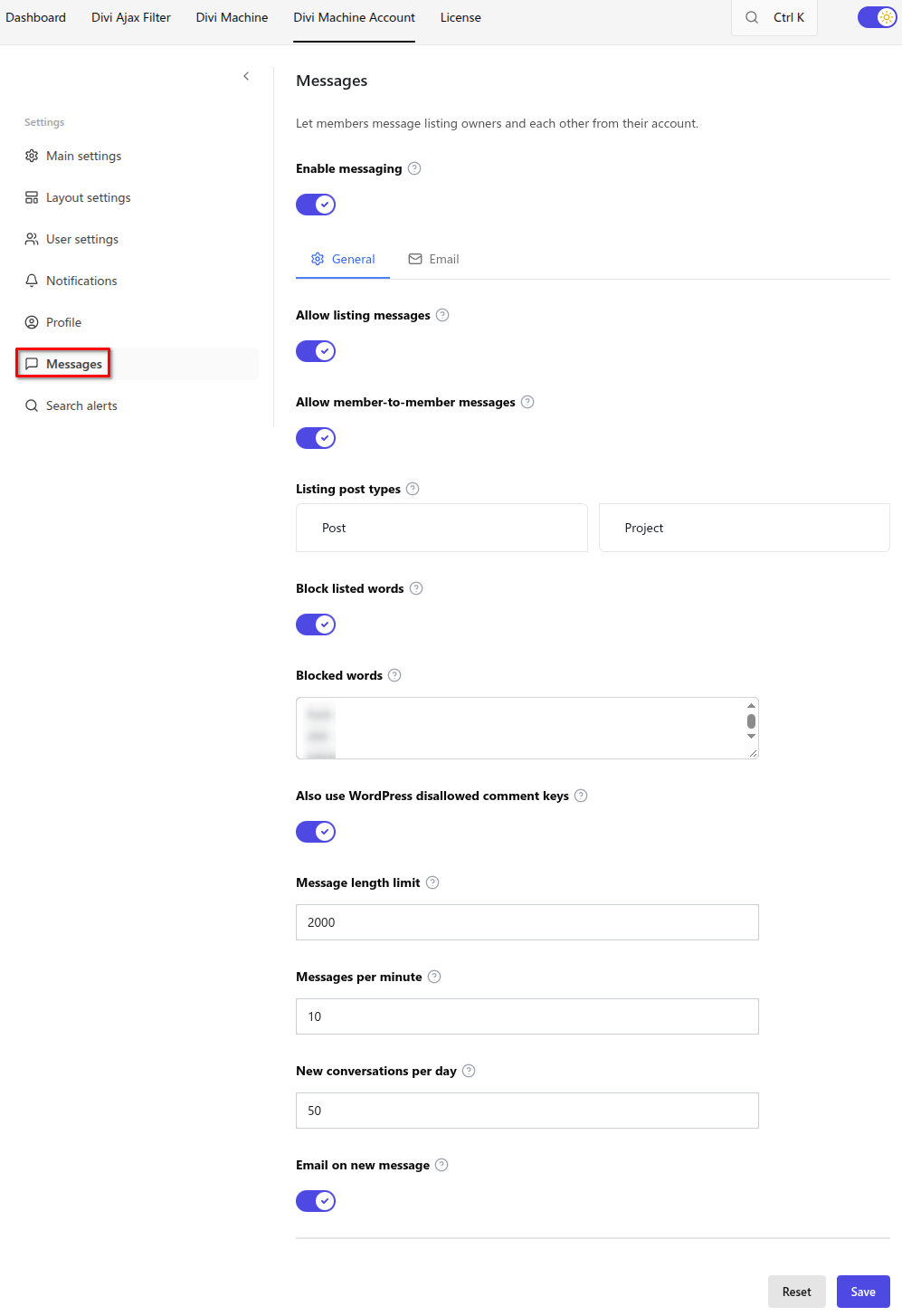 Divi Machine Account message settings