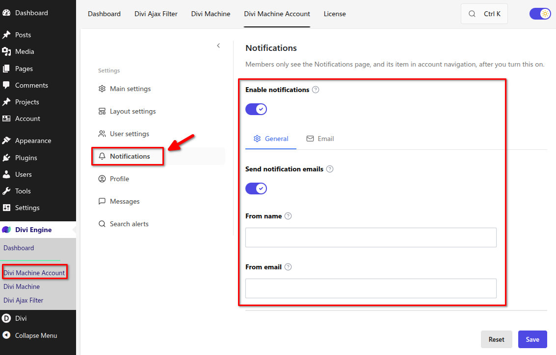 Divi Machine Account notification settings