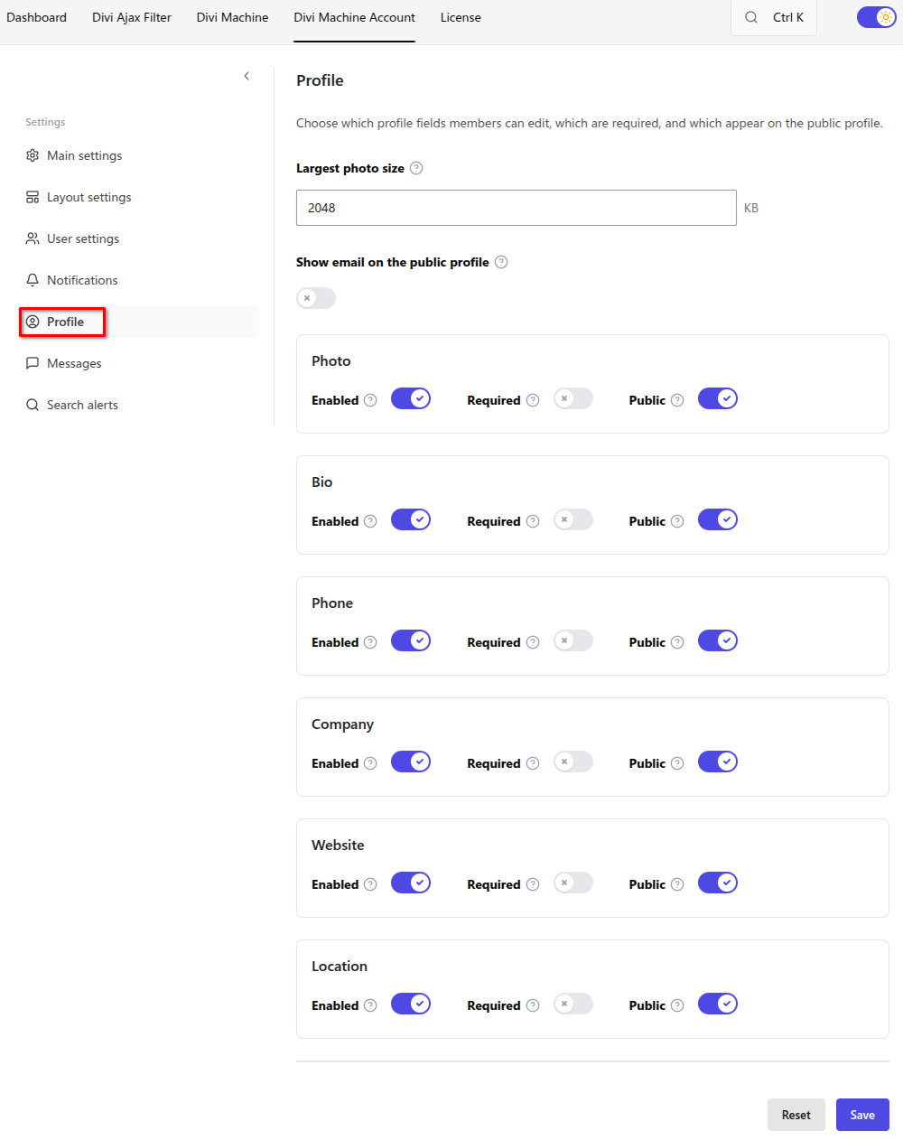 Divi Machine Account profile settings