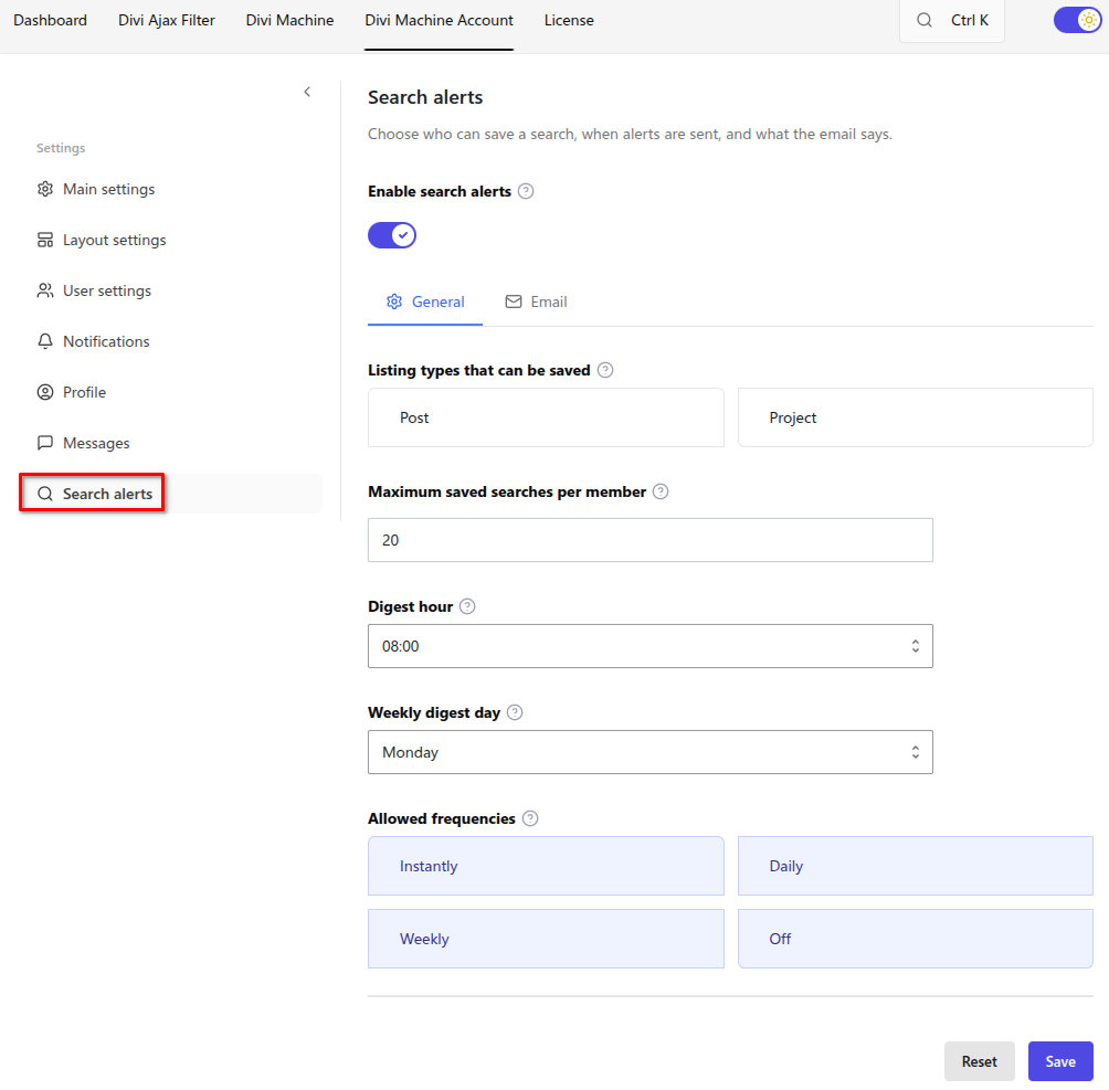 Divi Machine Account search alert settings