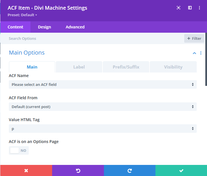 ACF Item Main Tab