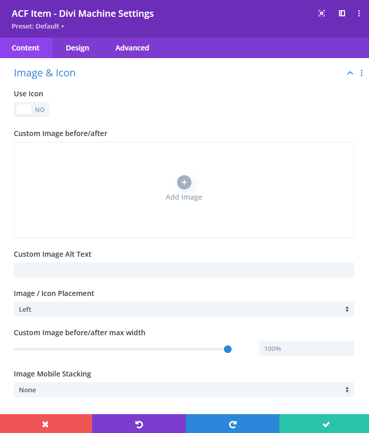 Screenshot showing the full Image &amp; Icon settings panel including upload area, placement dropdown, and stacking options.
