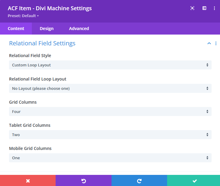 Screenshot showing all Relational Field Settings including loop layout and responsive grid controls.
