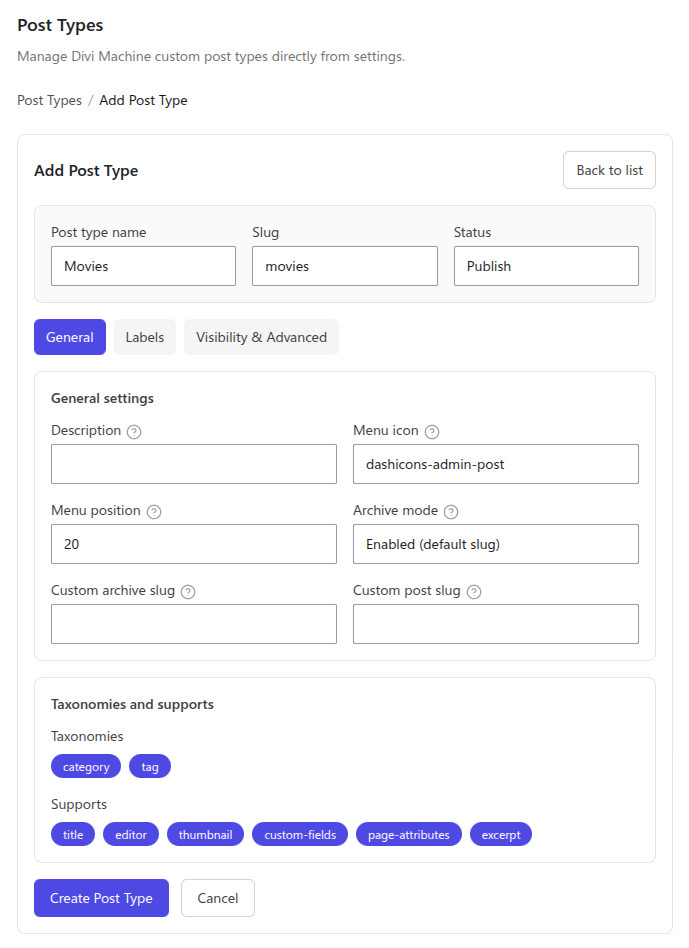 Post type editor with General, Labels, and Visibility tabs