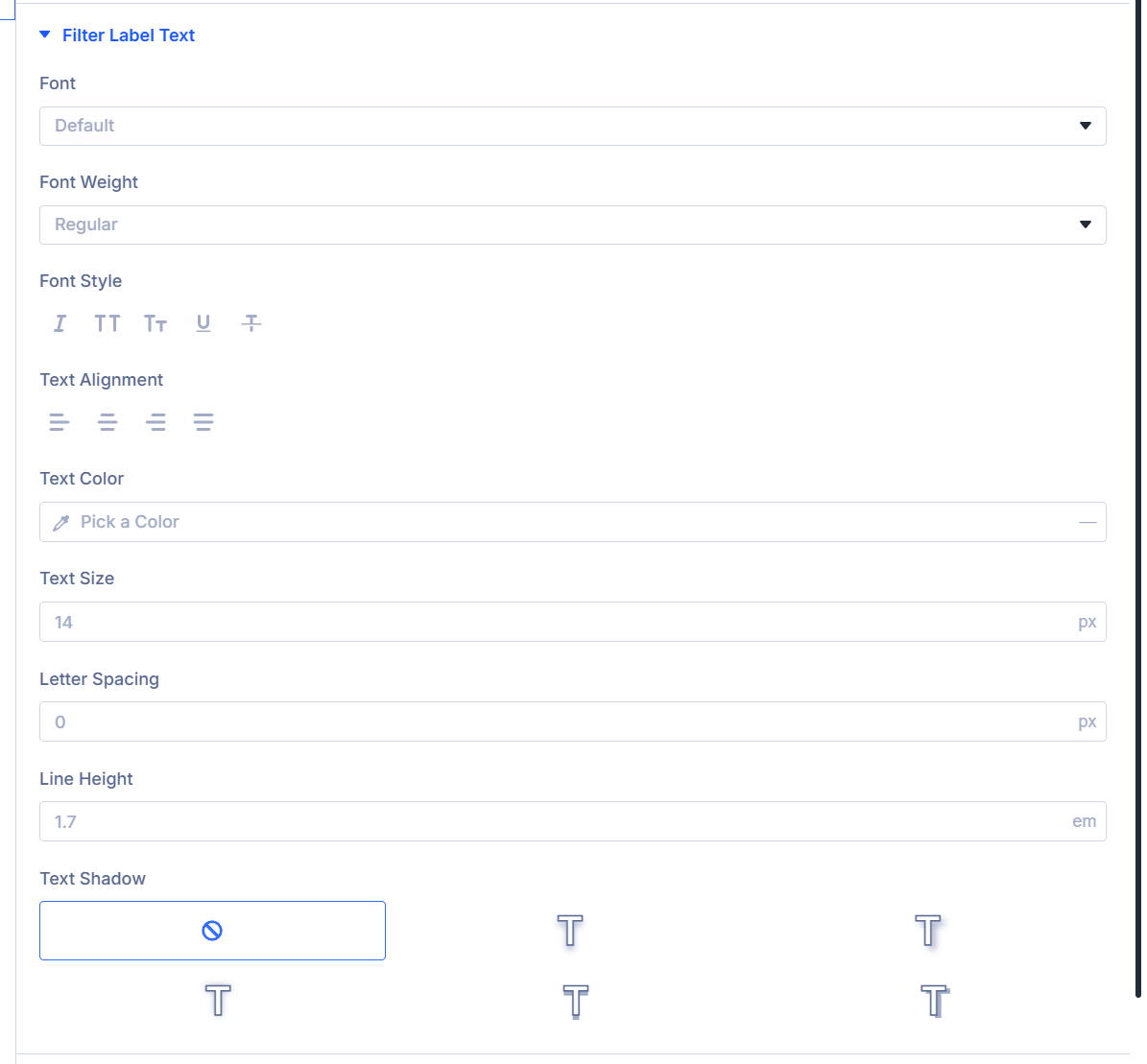 Filter Label Text design settings