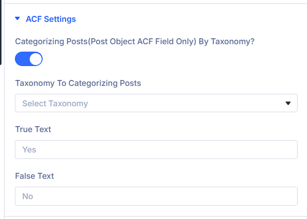 ACF post categorization toggles plus map radius and dropdown presets