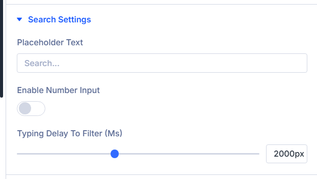 Search field placeholder, number mode, typing delay