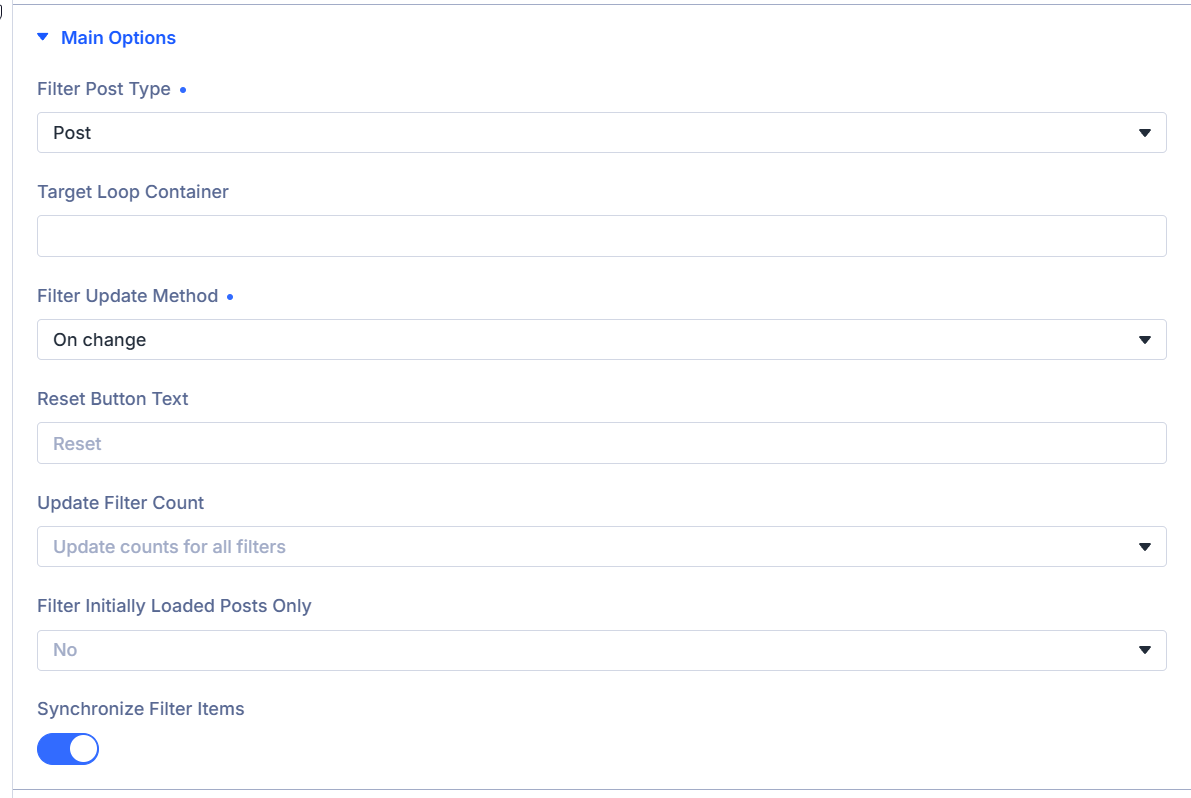 Main Options panel in the Filter Posts module