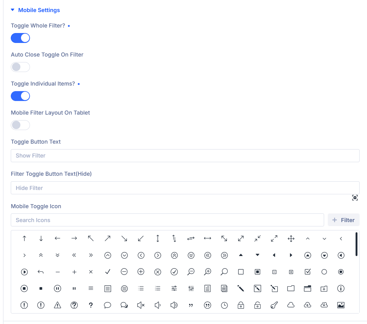 Mobile Settings panel in the Filter Posts module