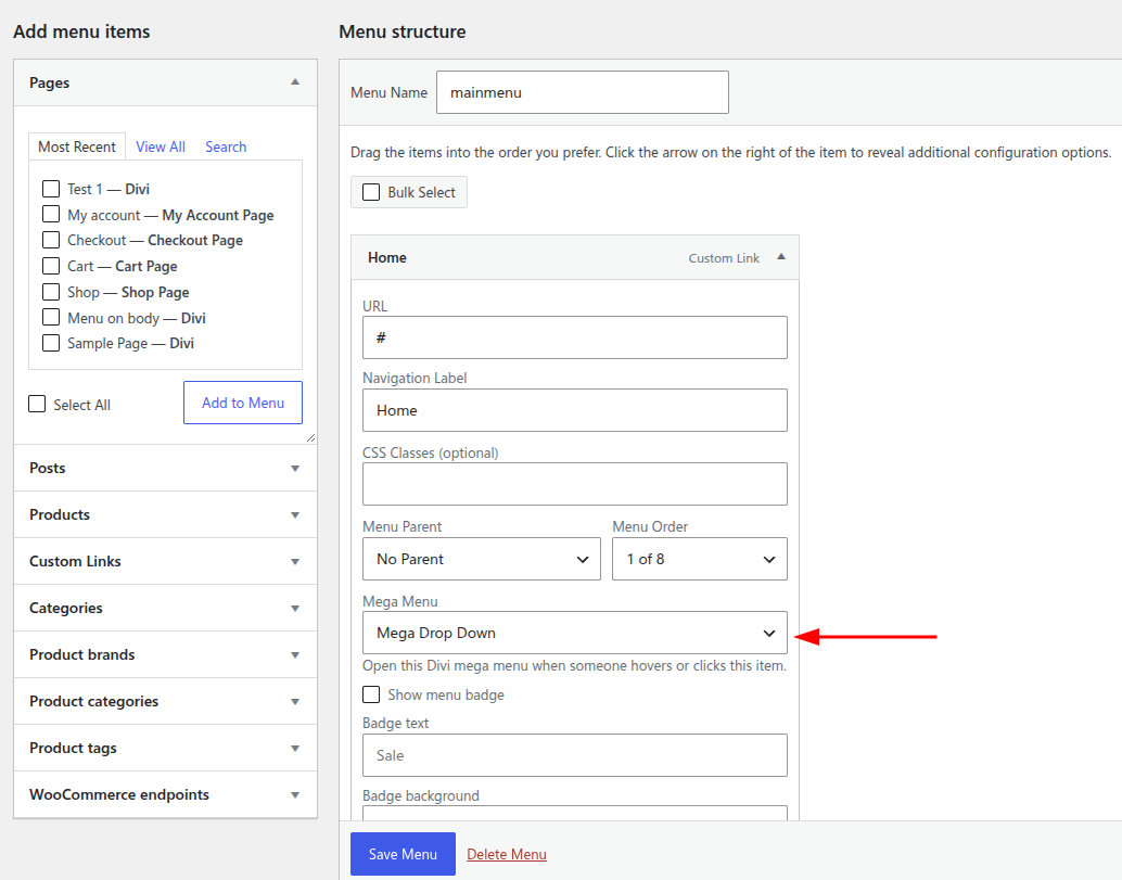 Mega Menu Assignment in Menu Settings