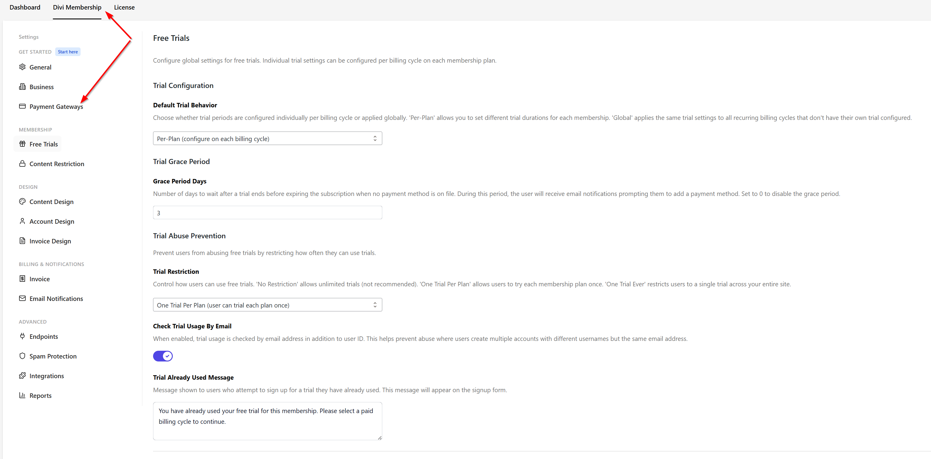 Free Trials settings page showing Trial Configuration, Grace Period, and Trial Abuse Prevention