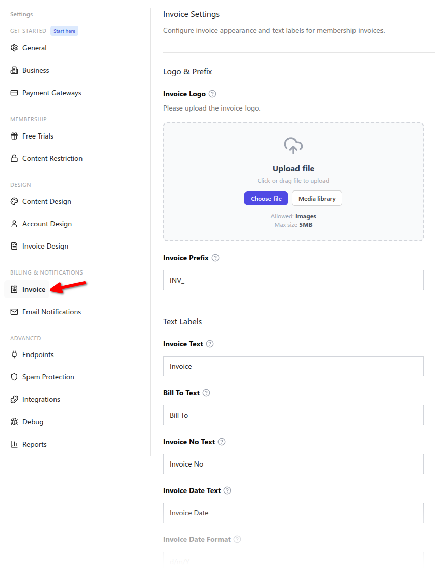 Invoice Settings